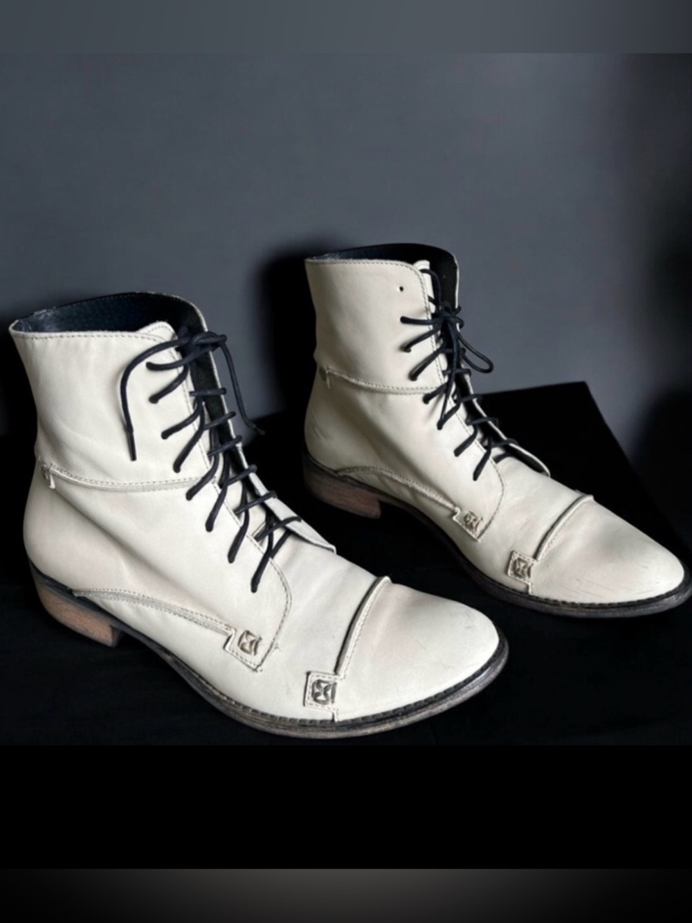 Charles David Leather Ankle Boots Sz 6.5 Lace-Up Cream Italy Moto Grunge Boho